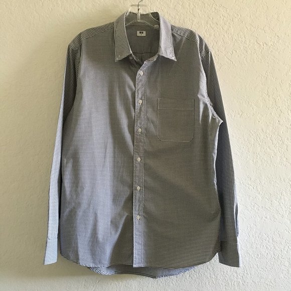 Uniqlo Mens Button Down Casual Shirt Checker Front Pocket Size M Grey - Picture 1 of 12